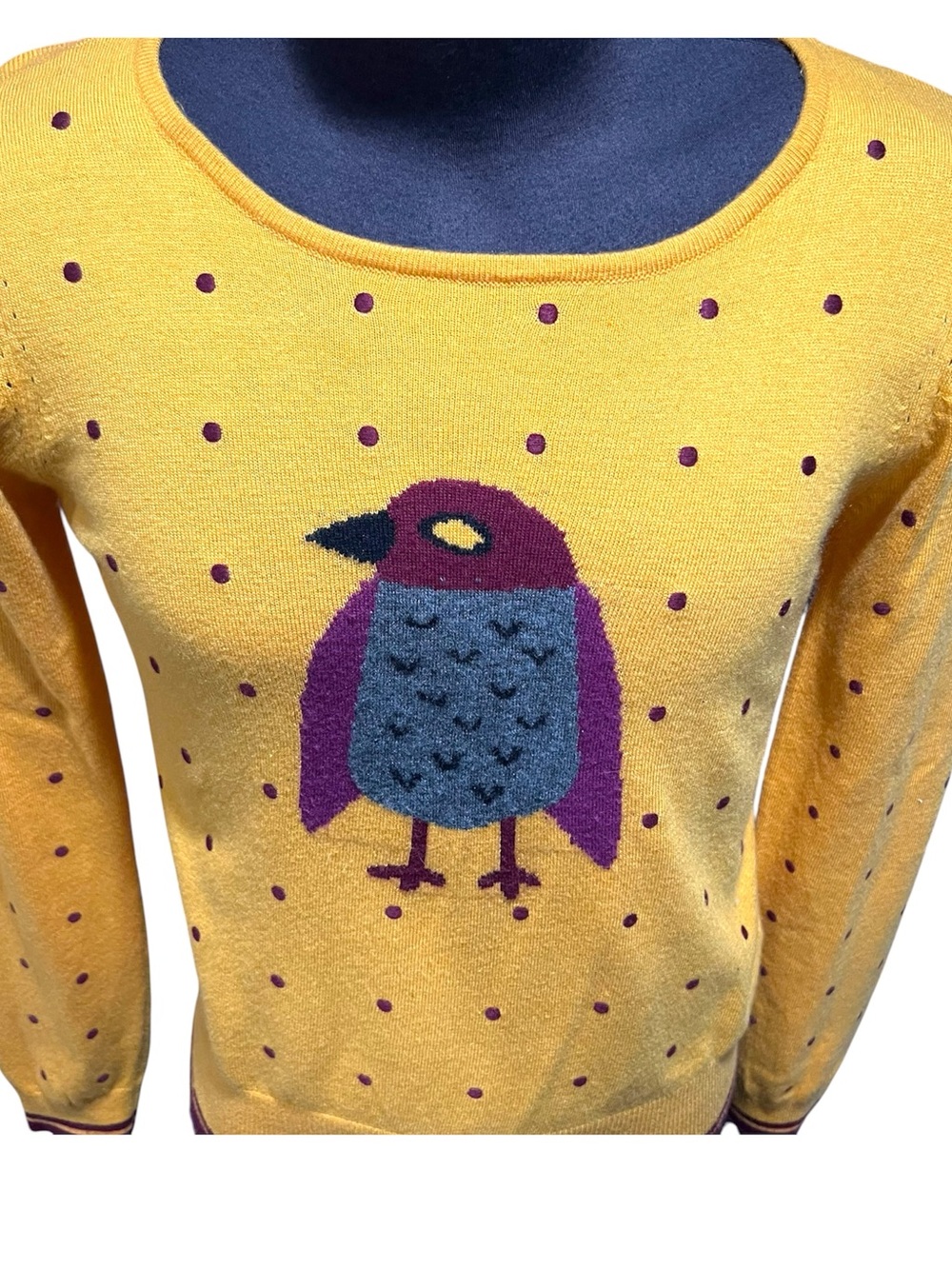 Women’s Yumi knit sweater polka dot pullover bird size medium - Picture 2 of 9